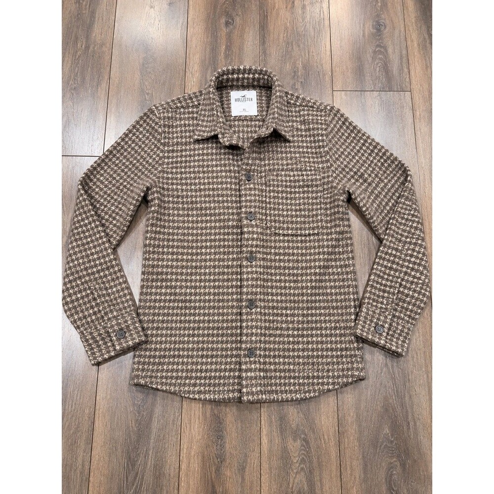 Hollister Womens XS Brown Houndstooth Cotton Flannel Shacket Shirt Jacket